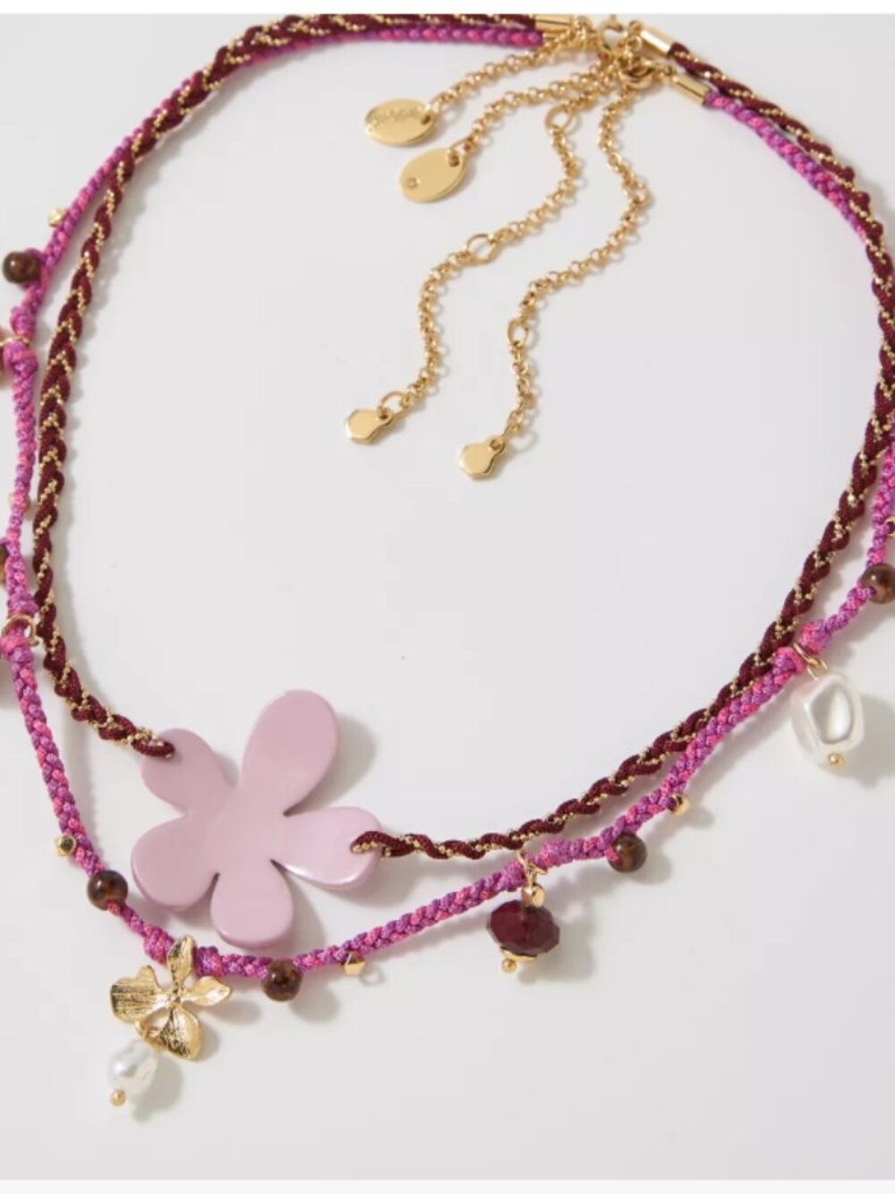 aerie Pink Flower Layered Cord Necklace with Gold Accents